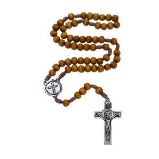 Terço Medalha Das Duas Cruzes em Madeira Marrom - 8mm